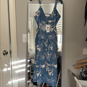 Reiss Blue Cotton Midi Dress with White & Navy Floral Print NWT